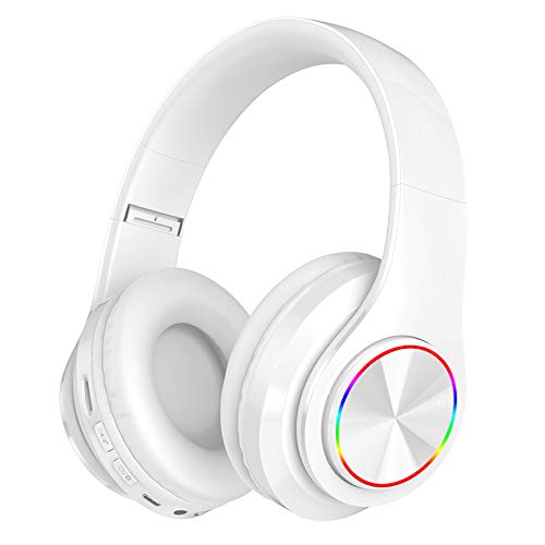 Wireless Bluetooth Headphones,Colorful LED Lights Comfort Over Ear Foldable Headset with Built-in Microphone,FM,SD Card Slot,Wired for School/Tablet Computer/PC/TV/Cellphones/Travel - color: White