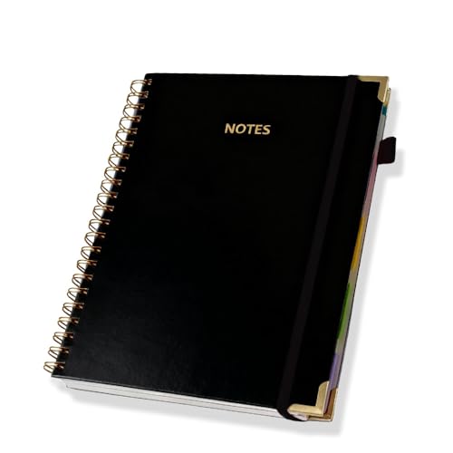 Hardcover Spiral Five Subject Notebook, Multi Subject Notebooks, Black | Removable Dividers, Large Leather Journal, 150 Sheets, 300 Pages, 8.5''x11'', US Letter Size - color: Black