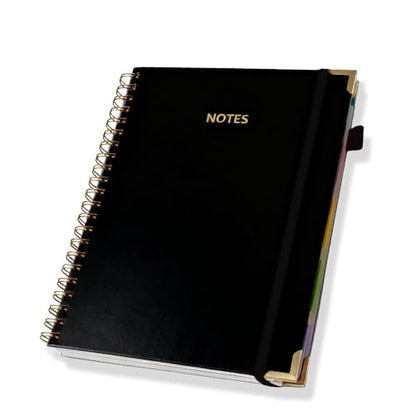 Hardcover Spiral Five Subject Notebook, Multi Subject Notebooks, Black | Removable Dividers, Large Leather Journal, 150 Sheets, 300 Pages, 8.5''x11'', US Letter Size - color: Black