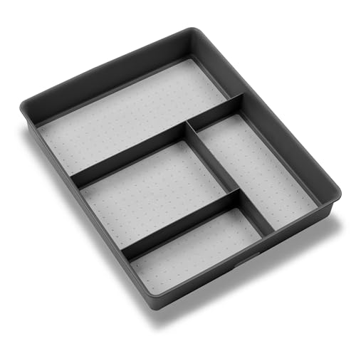 madesmart 4 Compartment Drawer Organizer, Multi Purpose Storage for Utensils, Office Tools, Cords, & Small Household Items, Tech Accessories, Arts & Crafts Supplies, Non Slip Lining, Granite