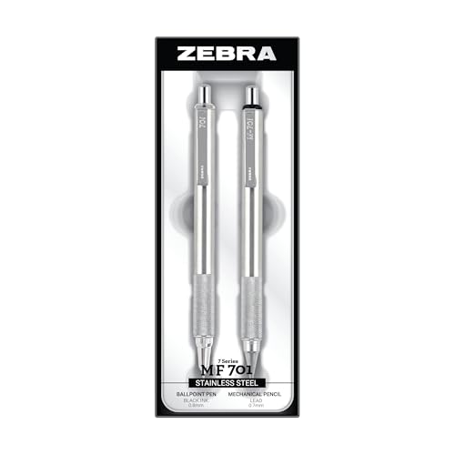 Zebra Pen M/F 701 Stainless Steel Mechanical Pencil and Ballpoint Pen Set, Fine Point, HB Lead and Black Ink, Ideal for Tactical Use, 2-Pack Gift Set (10519) - color: Black Set A