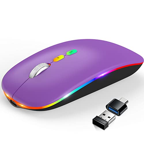 HOTLIFE Wireless Bluetooth Mouse, Slim Rechargeable LED Mouse, 2.4G Portable USB Optical Mouse with Type C Adapter, Purple - color: Purple