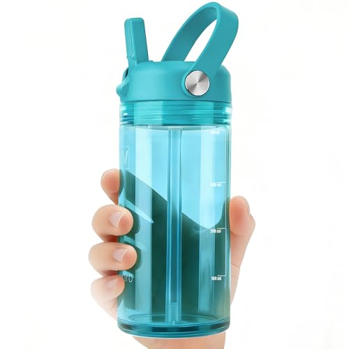 12 oz Clear Water Bottle with Straw & Handle, Leakproof Tritan Water Bottle, BPA Free Reusable Plastic Bottle with Volume Markings, Dishwasher Safe for School,Travel, Sports, Cool Mint Blue - color: Cool Mint Blue, size: 12 Ounces