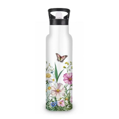 Insulated Water Bottle,Butterfly Lavender 20 oz Stainless Steel Water Bottles with Straw Lid,Flowers Leaves Leak Resistant Double Insulated Flask with Handle,Fits Cup Holder,Keeps Drinks Cold - color: Butterfly Lavender,Flowers Leaves