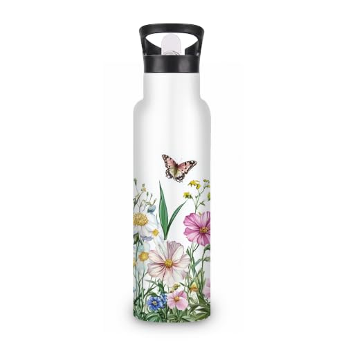 Insulated Water Bottle,Butterfly Lavender 20 oz Stainless Steel Water Bottles with Straw Lid,Flowers Leaves Leak Resistant Double Insulated Flask with Handle,Fits Cup Holder,Keeps Drinks Cold - color: Butterfly Lavender,Flowers Leaves
