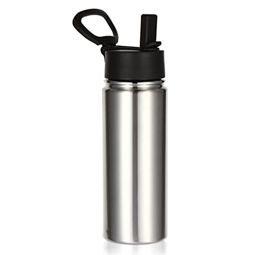 Volhoply 18oz Kids Insulated Water Bottle,Stainless Steel Water Bottles with Straw,Double Wall Vacuum Metal Water Bottle,Wide Mouth Reusable Sports Travel Flask For Cold Drink(Silver,1 Set) - color: Silver