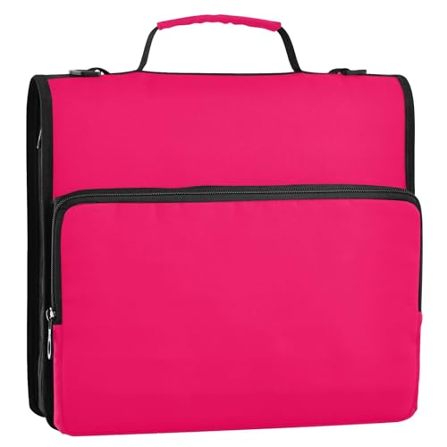 Neon Red 3 Ring Zipper Binder with Shoulder Strap & Handle 3 Inch D-Ring with Multiple Pocket, Expanding File Folder & Pencil Pouch, Binder Organizer for School Office - color: Neon Red