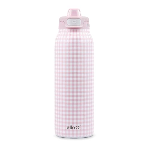 Ello Pop & Fill Insulated Stainless Steel Water Bottle with Quick Fill Lid, Leakproof Locking, Sip or Chug Spout, BPA-Free, Double Wall Vacuum Insulated for Sports, Travel & School- 22oz / 32oz / 40oz - color: Pink Gingham, style: 32oz