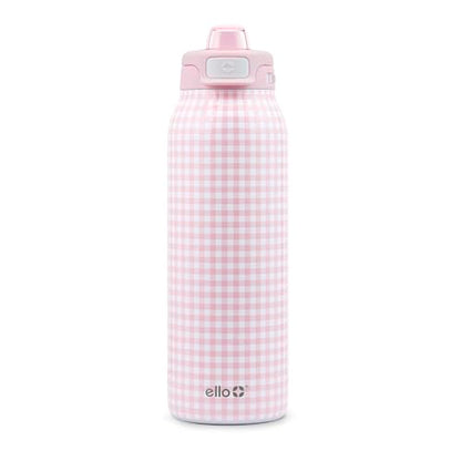 Ello Pop & Fill Insulated Stainless Steel Water Bottle with Quick Fill Lid, Leakproof Locking, Sip or Chug Spout, BPA-Free, Double Wall Vacuum Insulated for Sports, Travel & School- 22oz / 32oz / 40oz - color: Pink Gingham, style: 32oz