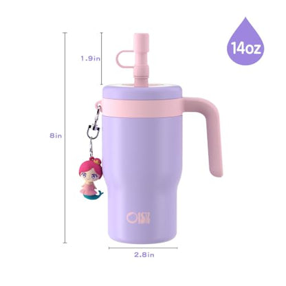 OISIZ 14oz Kids Tumbler with Straw Lid & Handle,Kids Cup with Animal Accessory for School,Kids Water Bottles with Dust-proof Cover,Leakproof Water Bottles,316 Stainless Steel,Keep Cold 24 Hours-purple - color: pearl purple
