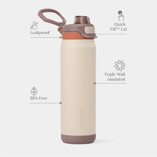 ZULU Powerfill Pro 24oz Stainless Steel Water Bottle with Quick Fill Lid, Triple Walled Vacuum Insulated Metal, Leak Proof Locking Lid, Sip and Chug, Reusable BPA Free, Driftwood - color: Driftwood, style: 24oz
