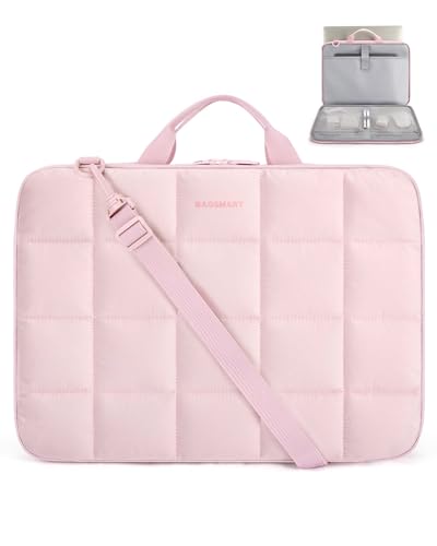 BAGSMART Laptop Case with Handle, Puffy Laptop Sleeve Bag for Women, MacBook Case for Dell, HP, Lenovo, MacBook Air/Pro, 15-15.6 inch, Pink - color: Pink-shoulder Strap, size: 15-16 inch