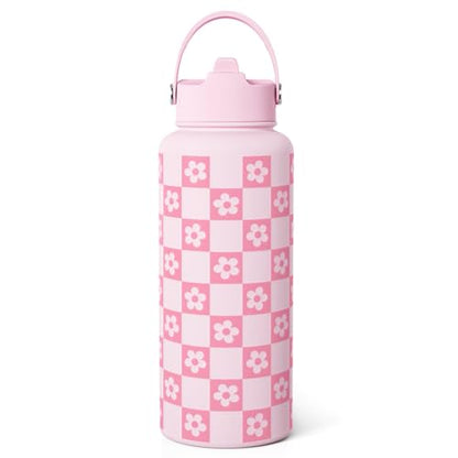 SANDJEST Checker Daisy Water Bottle 32oz Stainless Steel with Lid & Straw, Checkerboard Insulated Bottles Gifts for Women Girls Friends, Gift Idea for Birthday Christmas - color: Checker Daisy