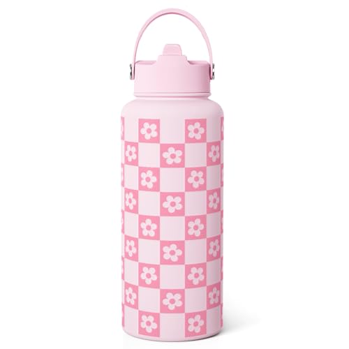 SANDJEST Checker Daisy Water Bottle 32oz Stainless Steel with Lid & Straw, Checkerboard Insulated Bottles Gifts for Women Girls Friends, Gift Idea for Birthday Christmas - color: Checker Daisy