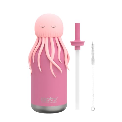 asobu Bestie Bottle Insulated Stainless Steel Water Bottle with Detachable Soft Animal Head Fun Drinking For Kids and Teens with Flexible Reusable Straw 16 Ounce - color: JellyFish
