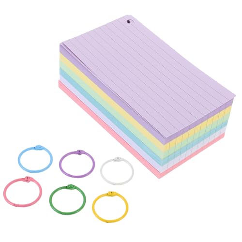 KALLORY 1set Lined Index Cards with Binder Rings Blank Flash Cards Colors for Easy Studying for Home Office and School Use