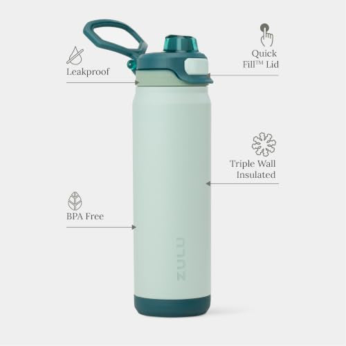 ZULU Powerfill Pro 24oz Stainless Steel Water Bottle with Quick Fill Lid, Triple Walled Vacuum Insulated Metal, Leak Proof Locking Lid, Sip and Chug, Reusable BPA Free, Evergreen - color: Evergreen, style: 24oz