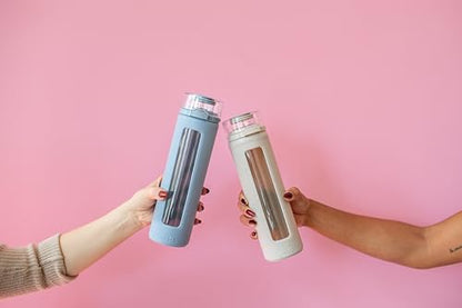 Ello Syndicate 20oz Reusable Glass Water Bottle with One-Touch Leak Proof Flip Lid, Protective Non-Slip Silicone Sleeve, Carry Loop for Coffee, Tea and Water, BPA-free, Dishwasher Safe, Sand - color: Sand