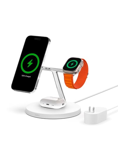 Belkin MagSafe Charger, 3-in-1 Wireless Charging Stand, 2ND GEN, 33% Faster for Apple Watch, iPhone 16, iPhone 15, iPhone 14 Series, AirPods - MagSafe Charging Station for Multiple Devices - White | WIZ017TTWH), Magsafe Iphone Fast Charging Up to 15W, Wir
