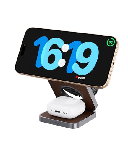 Foldable Magnetic Wireless Charger, KU XIU Aluminum Alloy 3 in 1 Charging Station for Apple, Fast Charging Travel Charger for iPhone 17 16 15 14 13, 5W for Apple Watch Ultra, AirPods, Leather Texture - color: Leather Texture