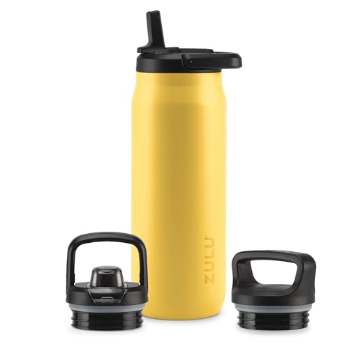 ZULU Base 32oz Stainless Steel Water Bottle with 3 Lids- Straw, Chug, Twist | Double Walled and Vacuum Insulated Metal Thermos | For Gym, Outdoor | Built in Carry Loop, Dishwasher Safe, Vitamin C - color: Vitamin C, style: 32oz