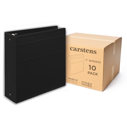 Carstens 4-Inch Heavy Duty 3-Ring Binder - Side Opening, Black, Durable Plastic, No-Gap Rings, Waterproof Cover, No Pockets, Holds 600 US Letter Sheets, BPA-Free, Made in USA (1845-3R), Case of 10 - color: Black, size: Case of 10