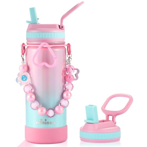 Mininoo Kids Water Bottle for School - 16 oz Stainless Steel Insulated Water Bottle with Ceramic-Lined, Leakproof Straw Lid & Beaded Handle for Girls & Boys - color: Sparkle Guava