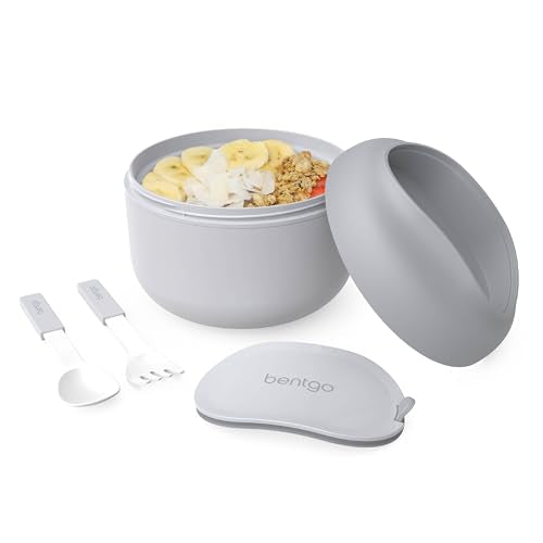 Bentgo Bowl - Insulated Leak-Resistant Bowl with Snack Compartment, Collapsible Utensils and Improved Easy-Grip Design for On-the-Go - Holds Soup, Rice, Cereal & More - BPA-Free, 21.2 oz (Gray) - color: Gray