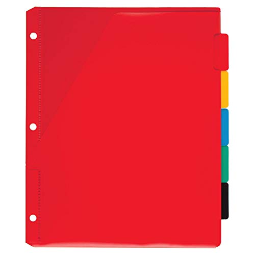 Mead Tab Dividers with Pocket, 3 Hole Punch, Fits 3 Ring Binder, Assorted Colors, 5 Pack (20038)