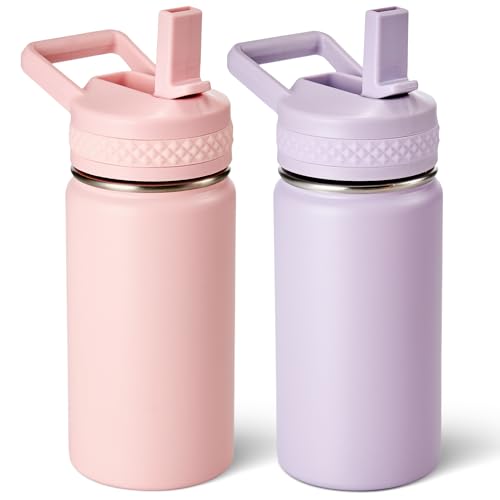 Fijinhom 12 oz Toddler Bottle, 2 Pack Kids Water Bottle for School Boys & Girls with Straws Lids, 304 Stainless Steel Vacuum Insulated Thermos, BPA-Free, Pink + Purple - color: AA.Pink & Purple