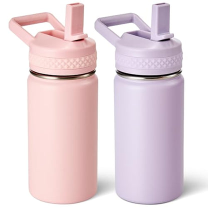 Fijinhom 12 oz Toddler Bottle, 2 Pack Kids Water Bottle for School Boys & Girls with Straws Lids, 304 Stainless Steel Vacuum Insulated Thermos, BPA-Free, Pink + Purple - color: AA.Pink & Purple
