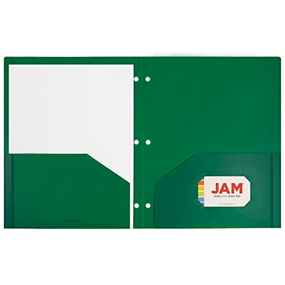 JAM PAPER Heavy Duty Plastic 3 Hole Punch Pocket Folders - Extra Tough School Folders - Green - 6/Pack - color: Green, size: 6 Per Pack