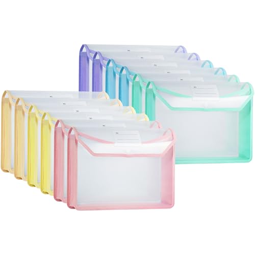 Plastic Expanding File Folder, Clear Envelopes Fit Letter & A4 Size, Folders for Documents with Snap Closure, No Dividers, Large Capacity (12, Mixed Colors) - color: Mixed Colors-12 Pack