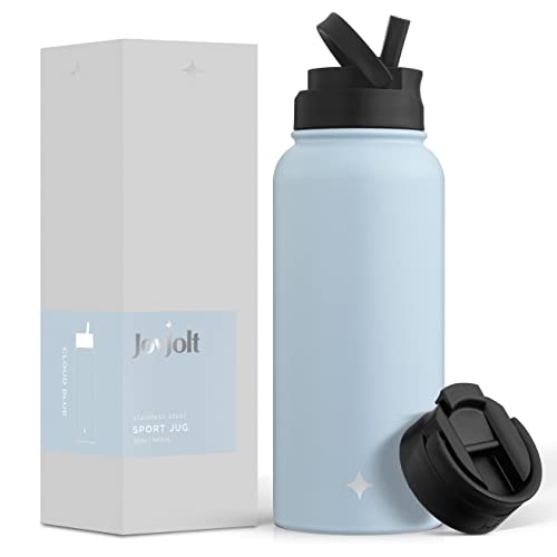 JoyJolt Triple Insulated Water Bottle with Straw Lid AND Flip Lid! 32oz Large Water Bottle, 12 Hour Hot/Cold Vacuum Insulated Stainless Steel Bottle. BPA-Free Leakproof Water Bottles - Thermos Bottle - color: Cloud Blue, size: 32 Ounces