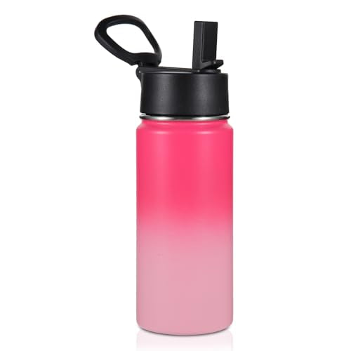 Volhoply Kids Insulated Water Bottle with Straw,16oz Stainless Steel Cold Water Bottles for School,BPA-Free Metal Wide Mouth Cups with Handle Lid,Reusable Double Wall Vacuum Sport Flask(Peach,1) - color: Peach