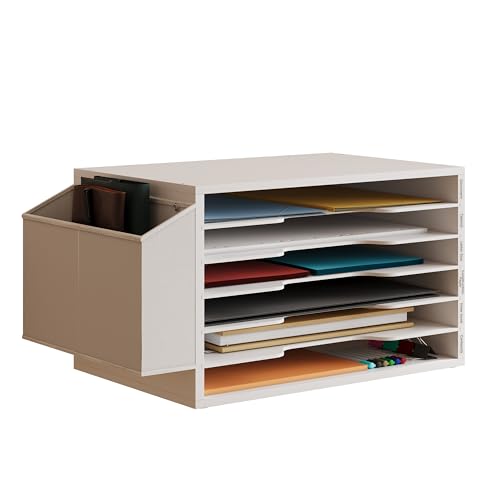 Unionly 12x18 Construction Paper Organizer,6-Tier Adjustable Literature Organizer,Large Wooden File Sorter with Side Pocket,Office Mailbox for Home,Classroom,Office (White, Large 6 Slots) - color: White, size: Large 12"X18"