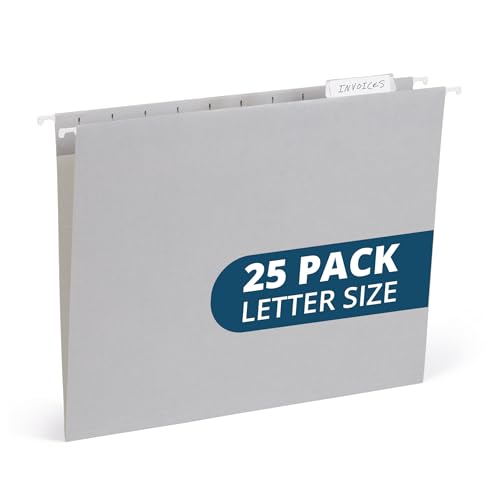 25 Blue Summit Supplies Grey Hanging File Folders Letter Size - Durable 11pt Paper, Hanging File Folders Gray, Plastic Tabs and Inserts Included, Perfect for Office Organization - color: Gray