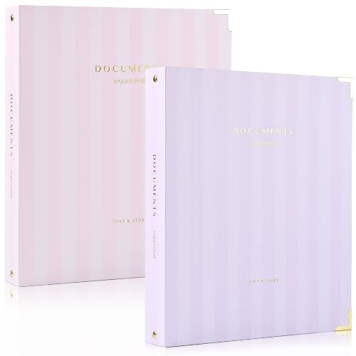 Aesthetic 3 Ring Binder Set of 2 - Sturdy 1 Inch Binder Fits Letter Sized Paper - Striped Three Hole Ring Holder for Women or Men with Pocket Easily Organizes Your Paperwork for School, Office or Work - color: Pastel Pink & Purple