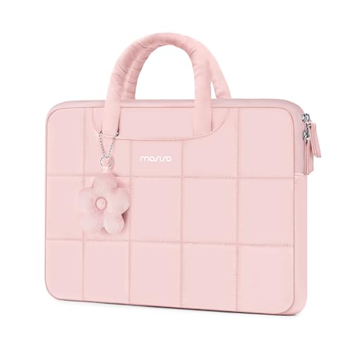 MOSISO Laptop Case 13.3 inch,13-13.3 inch Puffy Laptop Sleeve Compatible with MacBook Neo 13/Air 13 13.6/Pro/Pro 14,HP Dell ASUS Lenovo,Rectangle Quilted Bag with Handle&Flower Pendant, Pink - color: Pink, size: 13.3 inch