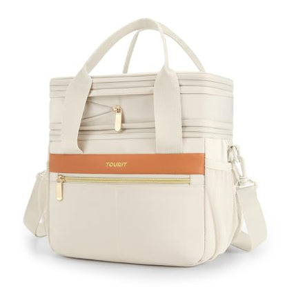TOURIT Insulated Lunch Box Bag, Double Deck Leakproof Cooler Tote for Work Office Picnic, Expandable Lunch Container, Picnic - color: Beige