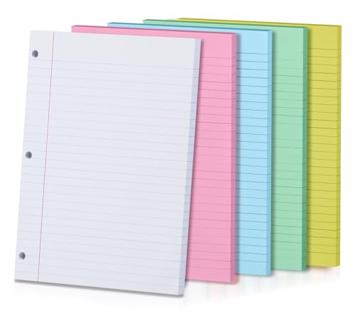 5-Color Loose Leaf Paper, 250 Sheets Wide Ruled, 8 x 10.5 Inch, 3-Hole Punched, Notebook Paper Filler for 3-Ring Binders, Note-Taking, Lined Paper Sheets for Office School Student & Professional - color: 5 Pack Multicolor-2