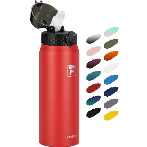 Fanhaw 24 Oz Kids Insulated Stainless Steel Water Bottle with Straw Lid, Leakproof & Anti-Dust Everyday Use Bottle for School, Women & Men, Back to School Essentials (Red) - color: Red, style: 24 Ounces