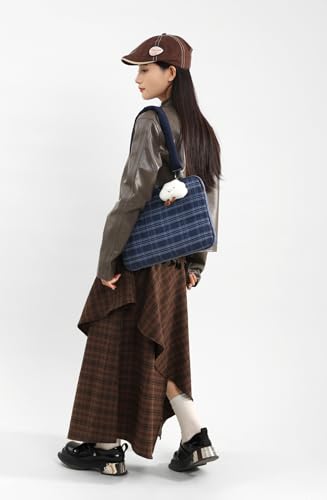 Puffy Quilted Laptop Sleeve 13-15 Inch Cute Plaid Laptop Case with Handle Grid Pattern Soft Protective Laptop Bag for Macbook - color: Blue