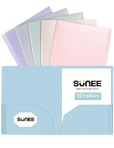 SUNEE 2 Pocket Folders (12 Pack, Pastel Colors) Heavy-Duty Plastic Folders with Pockets, Fit 8.5x11 Letter Size Paper, 2-Pocket File Folders for Kids, Home, School, Office - color: Pastel Colors, style: 12-Pack