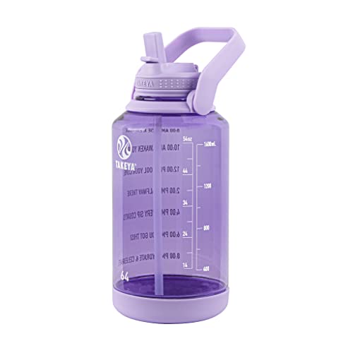 Takeya Motivational Water Bottle with Straw Lid and Time Marker (64 oz, Vivacity Purple) - Leakproof, BPA Free Water Bottle for Daily Intake Tracking - color: Vivacity Purple, size: 64 Ounces