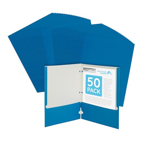Blue Folders with Pockets, Paper Blue Pocket Folders with Business Card Holder, 3 Hole Punched, for Documents, Presentation, School, and Child Classes, Assorted Colors, 50 Pack - color: Light Blue