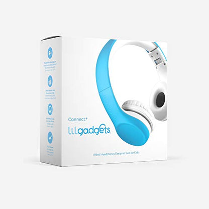 LilGadgets Connect+ Foldable Headphones, Adjustable Fit Soft Touch Padding for Kids with Mic, Volume-Limited & Noise Reduction On-Ear Wired Headset for School with SharePort - Blue, Ages 3-14 - color: Blue