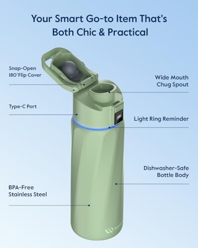 WaterH BOOST Smart Water Bottle Tracker with Reminder to Drink Water, 24oz | BPA-Free Double Wall Vacuum Insulated Stainless Steel, Leakproof, Smart App Tracking, Fits Cup Holders, Wide Mouth for School - color: Green, size: 24 Ounces