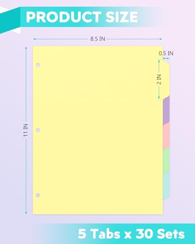 Dynta 3 Ring Binder Dividers with 5 Tabs Bulk 150 Pcs/30 Sets 8.5 x 11 Inches, Letter Size, 5 Colors Durable Paper 3 Hole Punch Index Divider for Kids, Women, Students