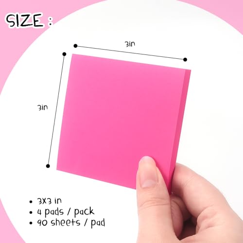 Sticky Notes 3x3 Pop Up Self-Stick Notes Pads with Bright Colors, Easy to Post for Office, School, Home, 4 Pads/Pack, 90 Sheets/Pad (Rose Red) - color: Rose Red